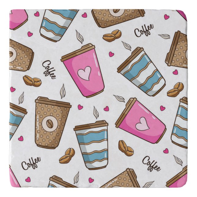 Coffee Cups, Coffee Beans, Hearts, Coffee Lover Trivet (Front)