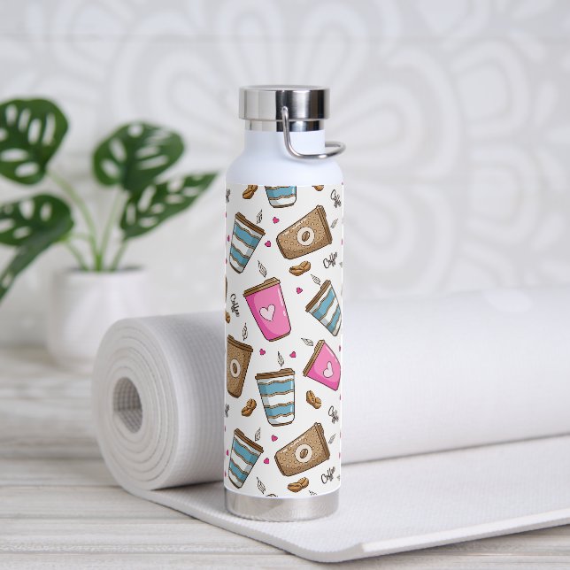 Coffee Cups, Coffee Beans, Hearts, Coffee Lover Water Bottle (Yoga)