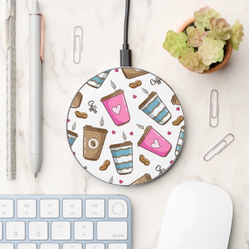 Coffee Cups Coffee Beans Hearts Coffee Lover Wireless Charger