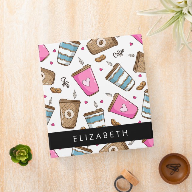 Coffee Cups, Coffee Beans, Hearts, Your Name 3 Ring Binder (In Situ)