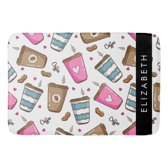 Coffee Cups, Coffee Beans, Hearts, Your Name Bath Mat (Front)