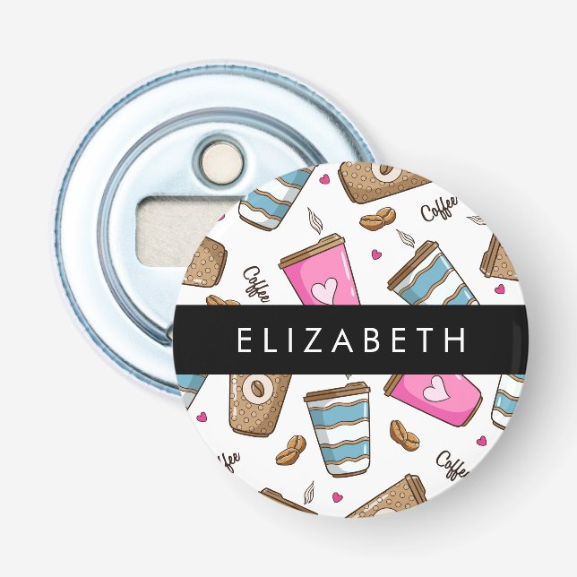 Coffee Cups, Coffee Beans, Hearts, Your Name Bottle Opener (Front)