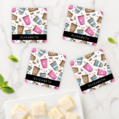 Coffee Cups Coffee Beans Hearts Your Name Coaster Set