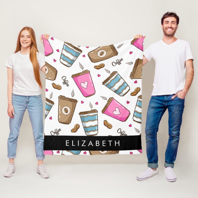 Coffee Cups, Coffee Beans, Hearts, Your Name Fleece Blanket (In Situ)