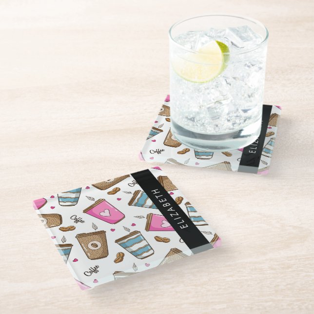 Coffee Cups, Coffee Beans, Hearts, Your Name Glass Coaster (Angled)