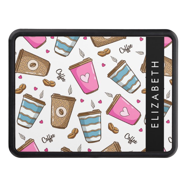 Coffee Cups, Coffee Beans, Hearts, Your Name Hitch Cover (Front)