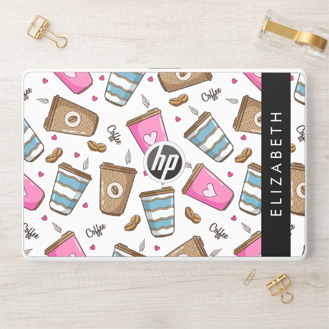Coffee Cups, Coffee Beans, Hearts, Your Name HP Laptop Skin (Desk)