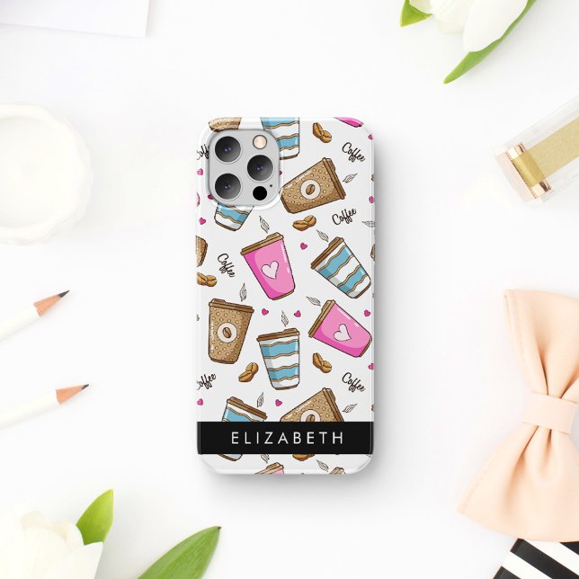 Coffee Cups, Coffee Beans, Hearts, Your Name iPhone Case (Creator Uploaded)