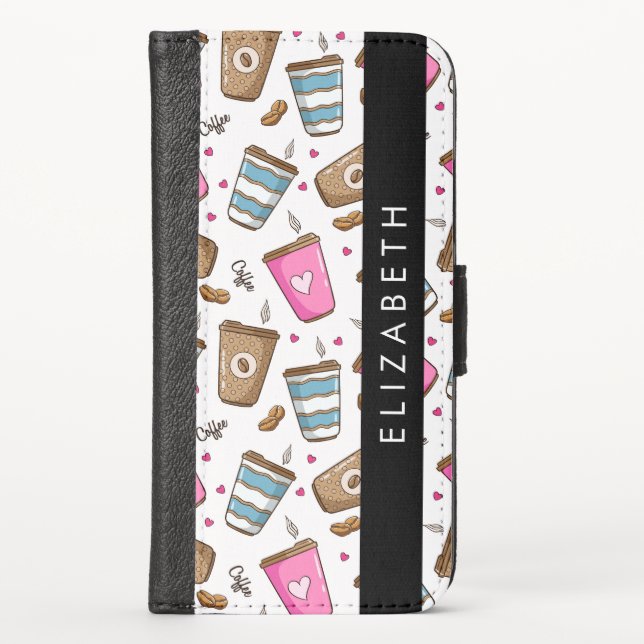 Coffee Cups, Coffee Beans, Hearts, Your Name iPhone Wallet Case (Front)