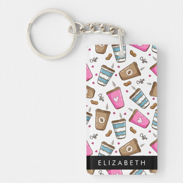 Coffee Cups, Coffee Beans, Hearts, Your Name Keychain (Front)