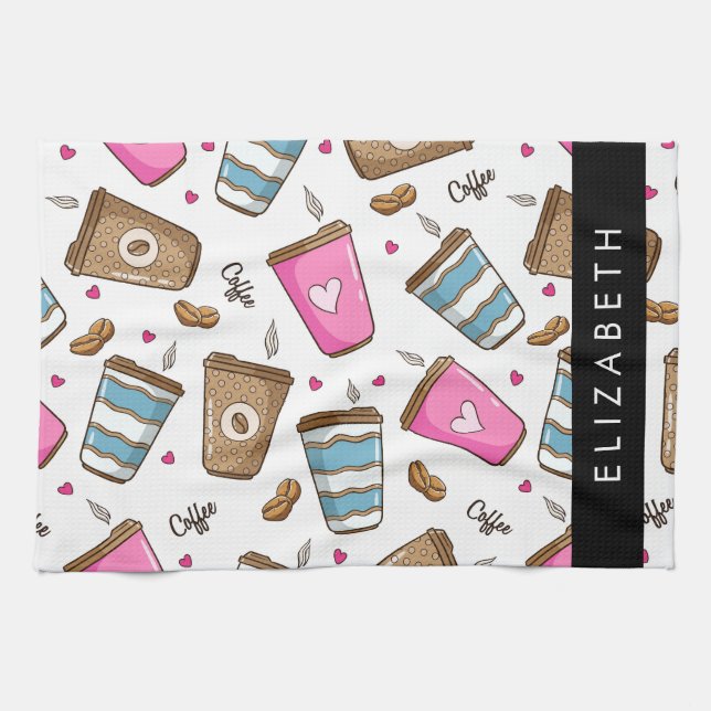 Coffee Cups, Coffee Beans, Hearts, Your Name Kitchen Towel (Horizontal)
