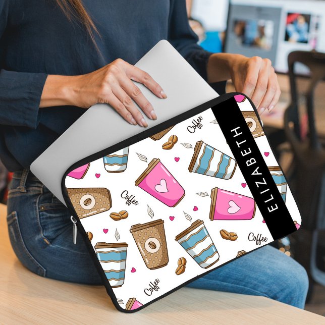 Coffee Cups, Coffee Beans, Hearts, Your Name Laptop Sleeve (Creator Uploaded)