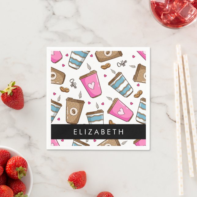 Coffee Cups, Coffee Beans, Hearts, Your Name Napkins (Insitu)