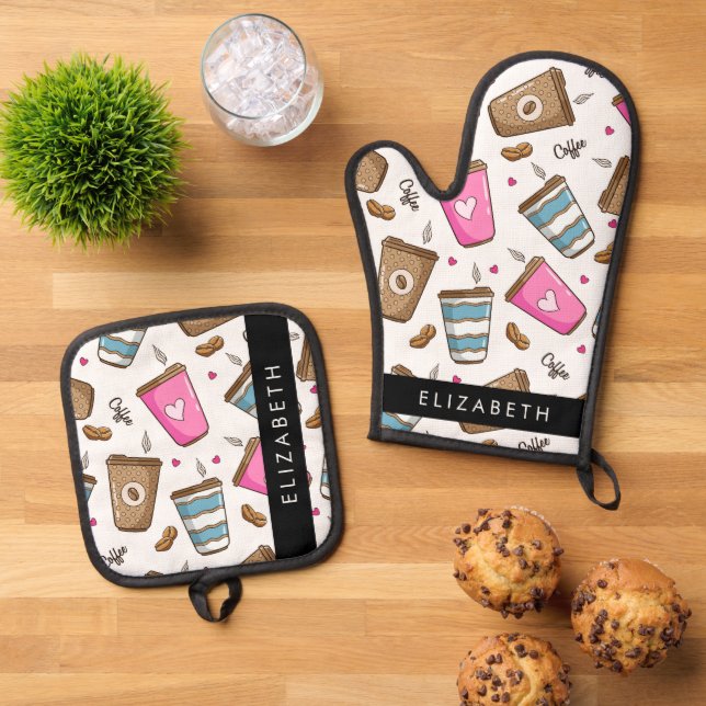 Coffee Cups, Coffee Beans, Hearts, Your Name Oven Mitt & Pot Holder Set (Top Down)