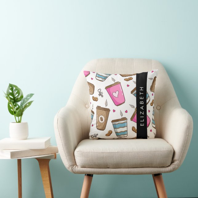 Coffee Cups, Coffee Beans, Hearts, Your Name Throw Pillow (Chair)