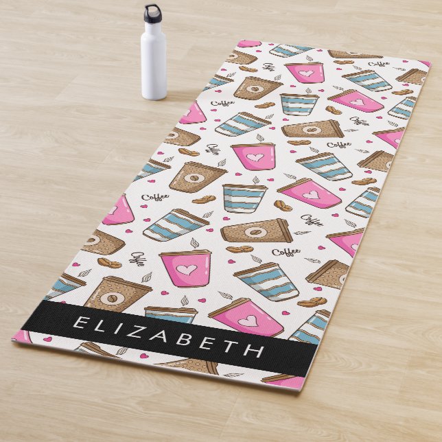 Coffee Cups, Coffee Beans, Hearts, Your Name Yoga Mat (In Situ)