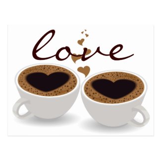 Coffee Cups Couple in Love with Hearts Postcard
