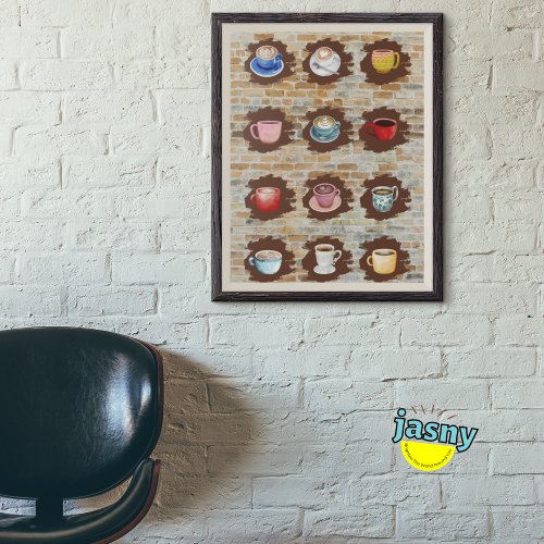 COFFEE CUPS IN 3D BRICK WALL POSTER