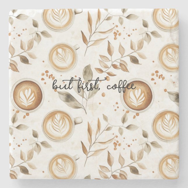 Coffee Cups Leaves Stone Coaster (Front)