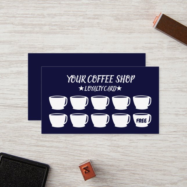 Coffee Cups Navy Blue Cafe Customer Loyalty  Card (Front/Back In Situ)