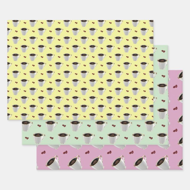 COFFEE CUPS ON PASTEL BACKGROUNDS WRAPPING PAPER SHEETS (Set)