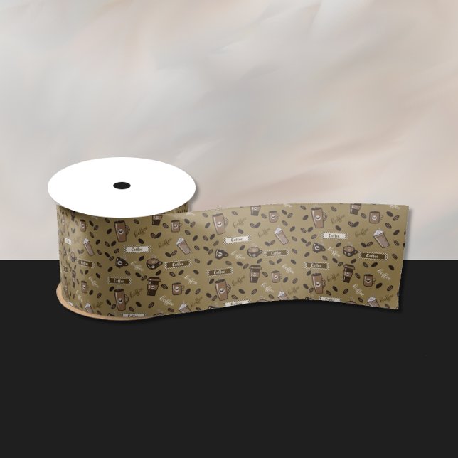 Coffee Cups Pattern and Word Art Ribbon (Coffee art pattern beige ribbon .)