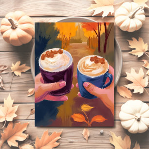 Coffee Date Fall Foliage Autumn Watercolor Postcard