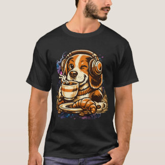 Coffee Dog with Headphones Cute Beagle Morning Vib T-Shirt