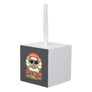 Coffee Dogs and Chill Retro Pug Cube Ornament