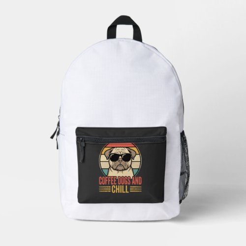 Coffee Dogs and Chill Retro Pug Printed Backpack