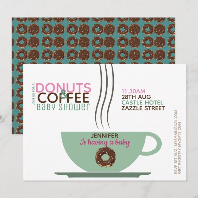 COFFEE DONUTS Baby Shower Invitation Pink Turq (Front/Back)
