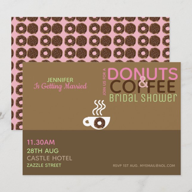 COFFEE DONUTS Bridal Shower Invitation Pink Choc (Front/Back)