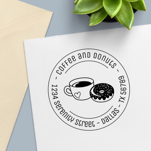 Coffee Donuts Shop Round Address Self-inking Stamp (Creator Uploaded)
