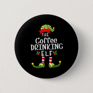 Coffee Drinking Christmas Elf Matching Pajama X-ma Button