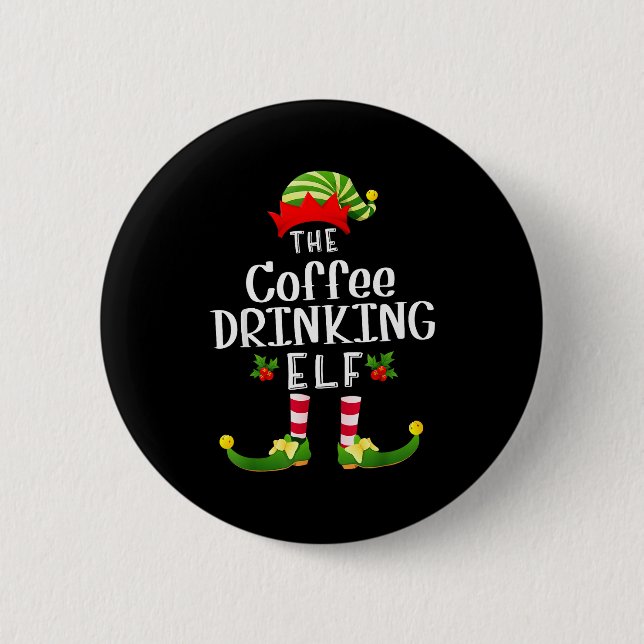 Coffee Drinking Christmas Elf Matching Pajama X-ma Button (Front)