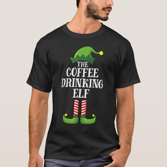 Coffee Drinking Elf Matching Family Group Christma T-Shirt (Front)