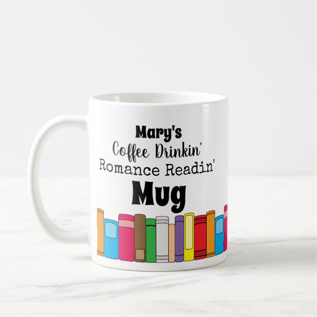 Coffee Drinking, Romance Reading Book Stack Mug (Left)