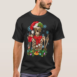 Coffee Drinking Skeleton Christmas Skull Santa Hat T-Shirt