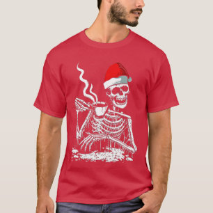 Coffee Drinking Skeleton Christmas Skull Santa Hat T-Shirt