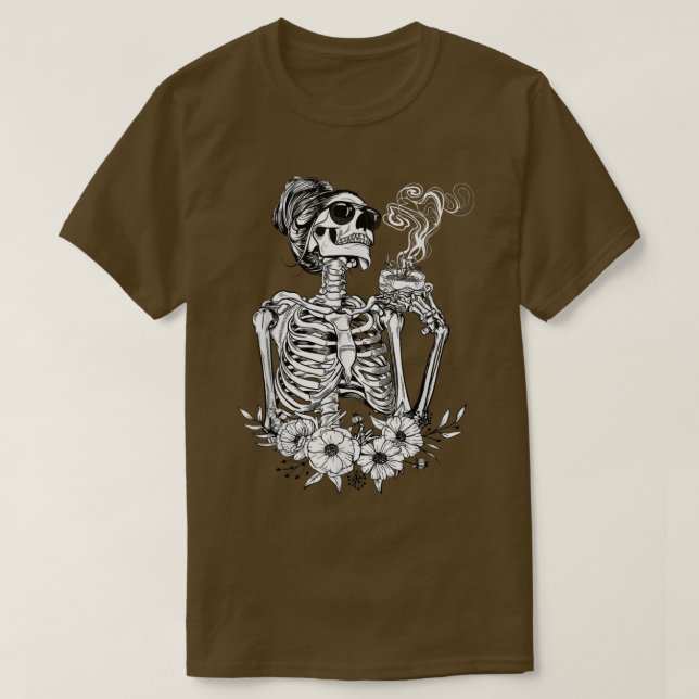Coffee Drinking Skeleton Lazy DIY Halloween Costum T-Shirt (Design Front)
