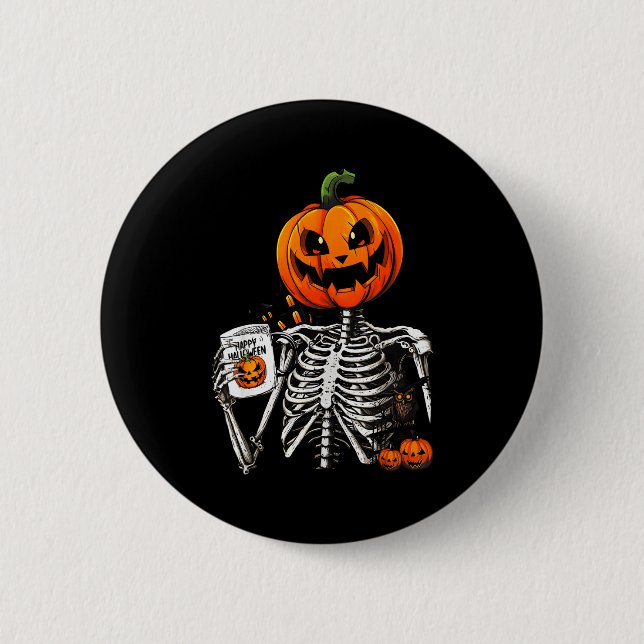 Coffee Drinking Skeleton Pumpkin Halloween Costume Button (Front)