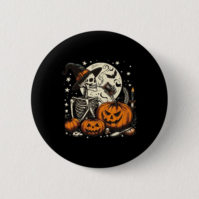 Coffee Drinking Skeleton Pumpkin Halloween Costume Button (Front)