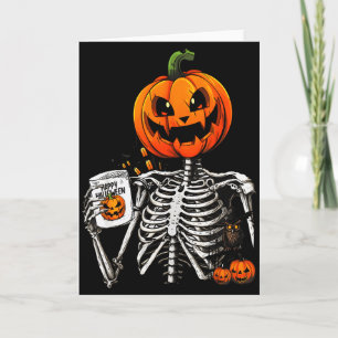 Coffee Drinking Skeleton Pumpkin Halloween Costume Card