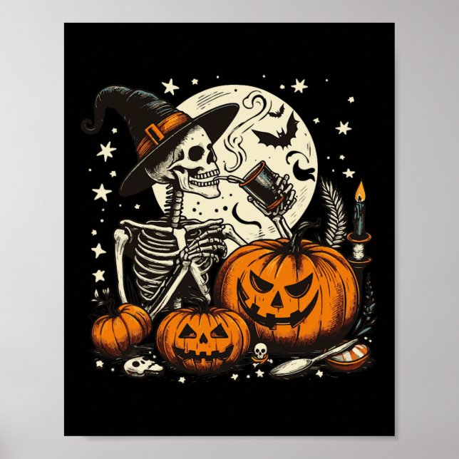 Coffee Drinking Skeleton Pumpkin Halloween Costume Poster (Front)