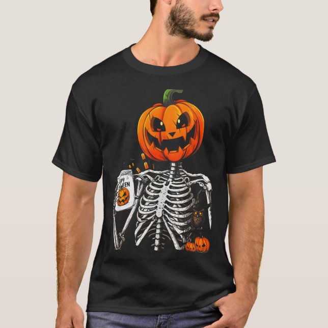Coffee Drinking Skeleton Pumpkin Halloween Costume T-Shirt (Front)