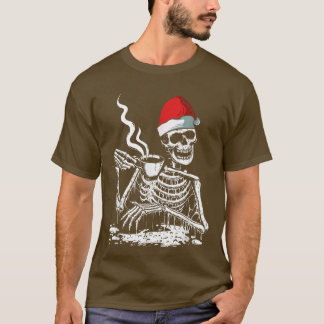 Coffee Drinking Skeleton Santa Christmas Funny XMa T-Shirt