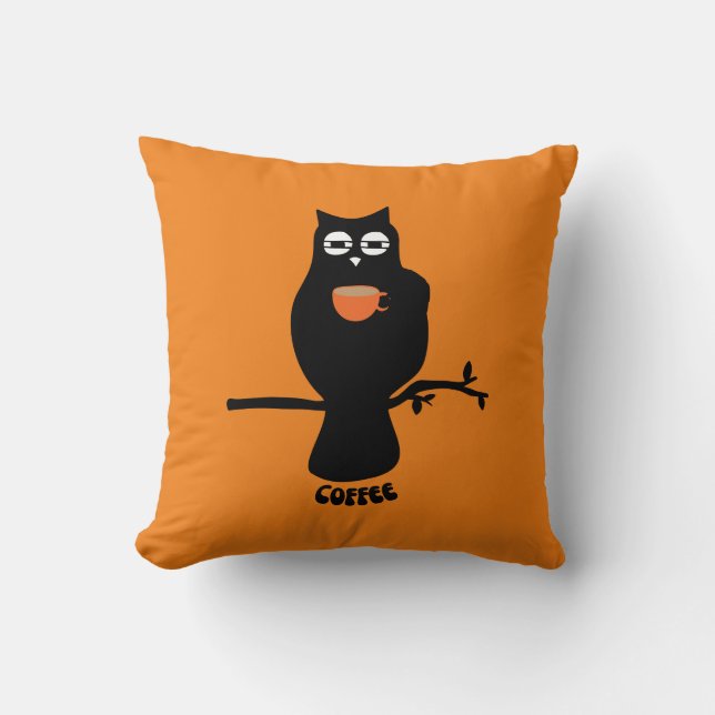 Coffee Droopy Eyed Owl Throw Pillow (Front)