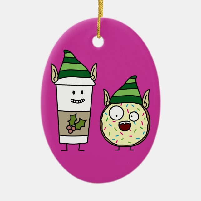 Coffee Elf  and Crazy Donut Elf Ceramic Ornament (Front)