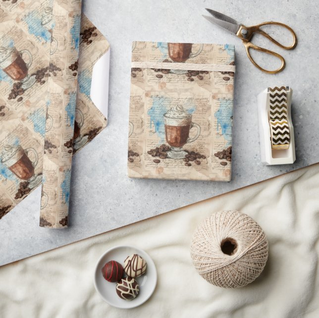 Coffee Ephemera Watercolor Collage Wrapping Paper (Crafts)