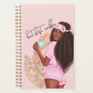 Coffee Faux Glitter Girl Hair Rose Pink Planner